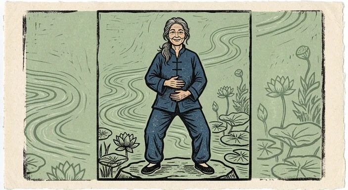 Qigong bei Diabetes — meditierende Figur mit Lotusblüten, TCM-Ansatz