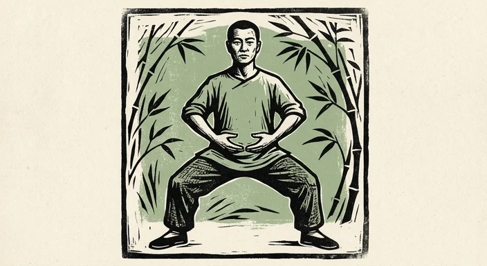 Meridian-Qigong Abschnitt 1 und 2 — Figur in Dantian-Haltung mit Goldener-Mitte-Position