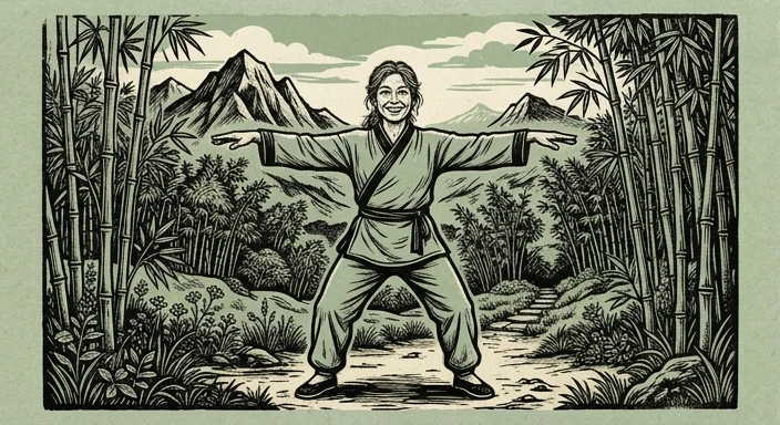 Muskeln und Knochen Qigong — Figur mit ausgestreckten Armen, Bambus und Berge