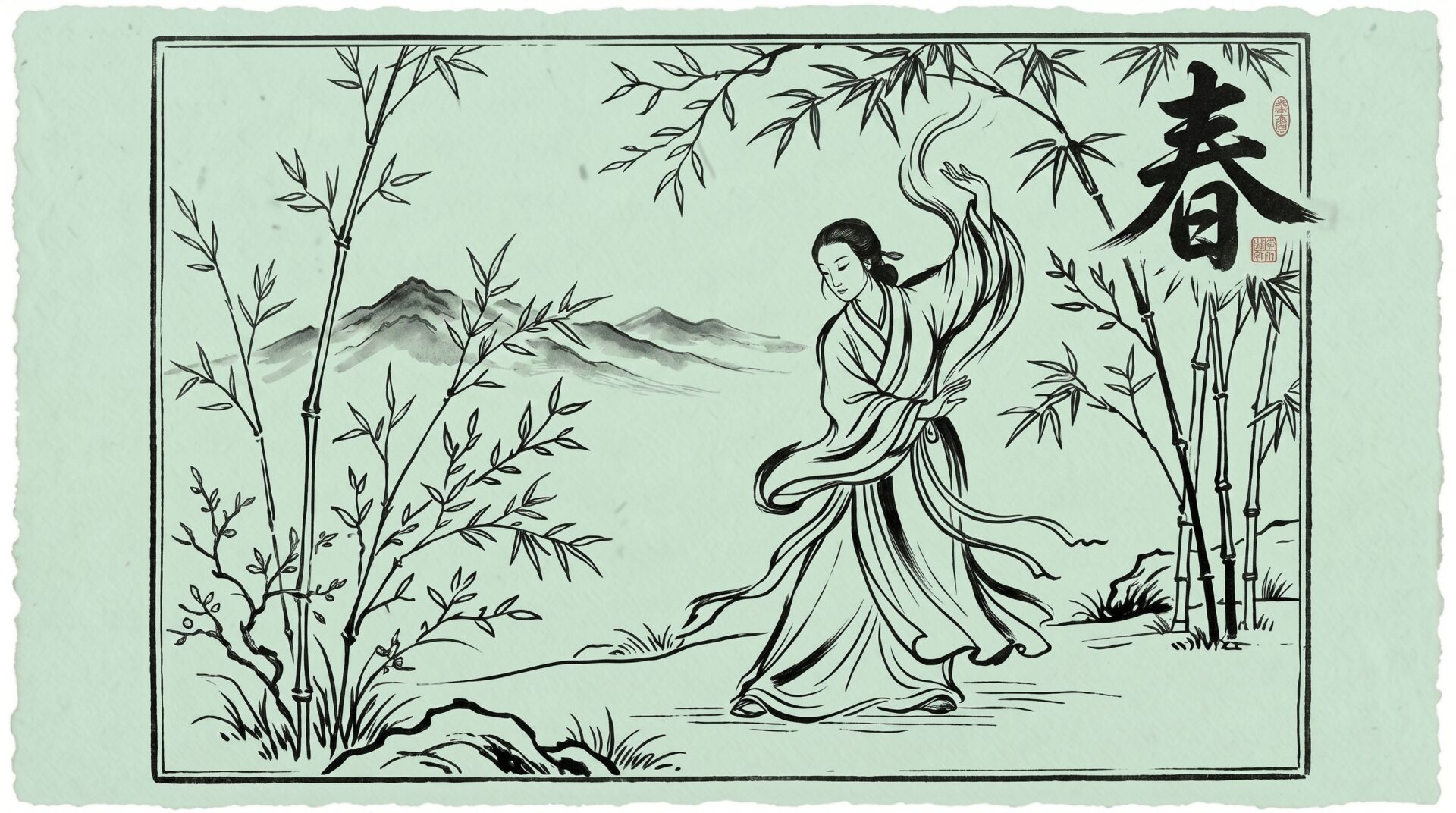 Frau beim Qigong unter Bambus mit dem chinesischen Zeichen 春 für Frühling
