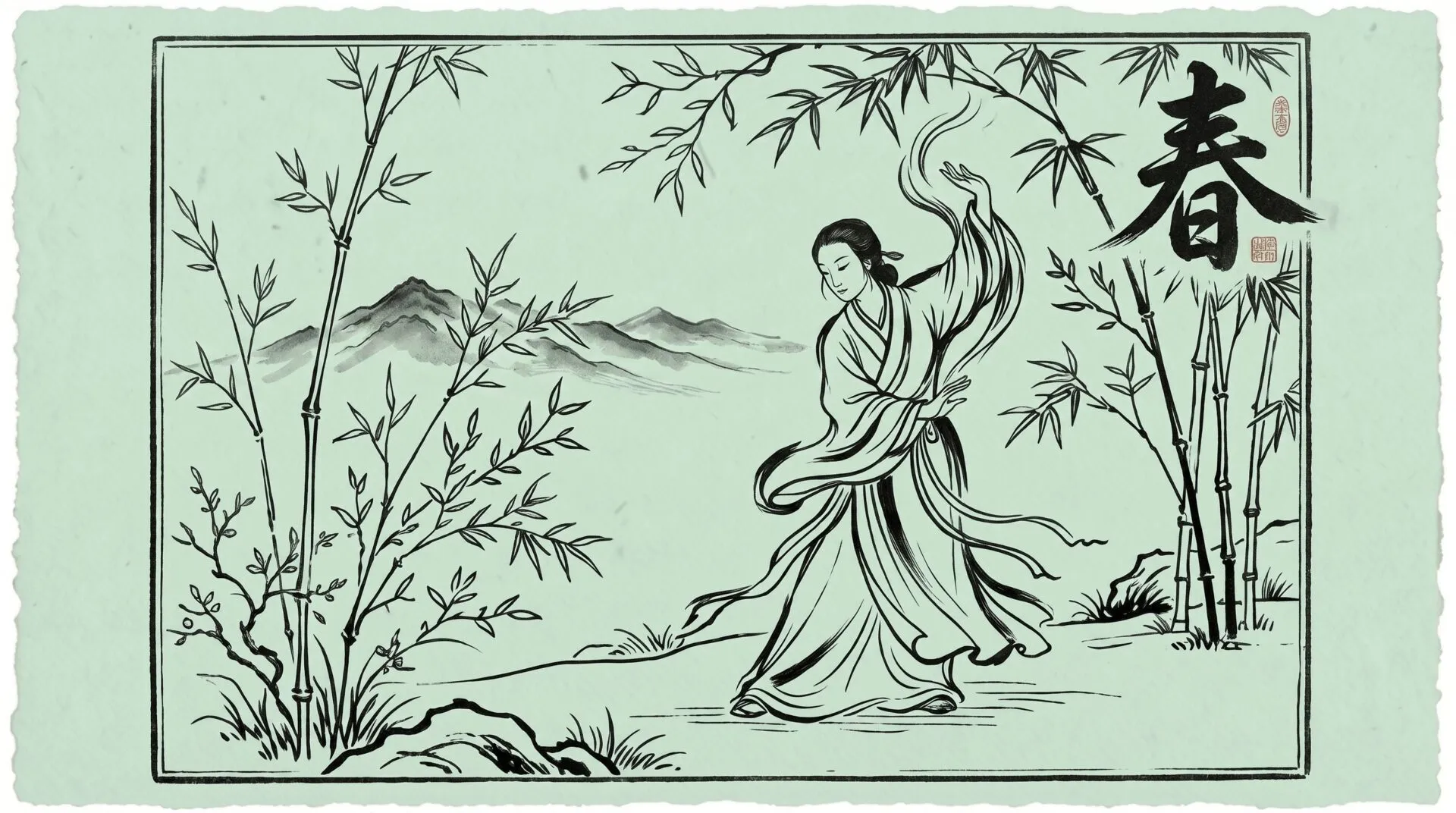 Frau beim Qigong unter Bambus mit dem chinesischen Zeichen 春 für Frühling