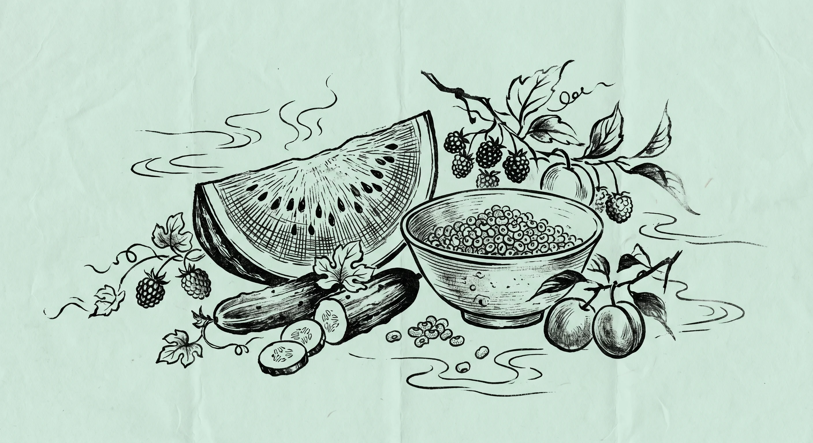 Sommerliche TCM-Lebensmittel: Wassermelone, Gurke, Mungbohnen – Holzschnitt-Illustration