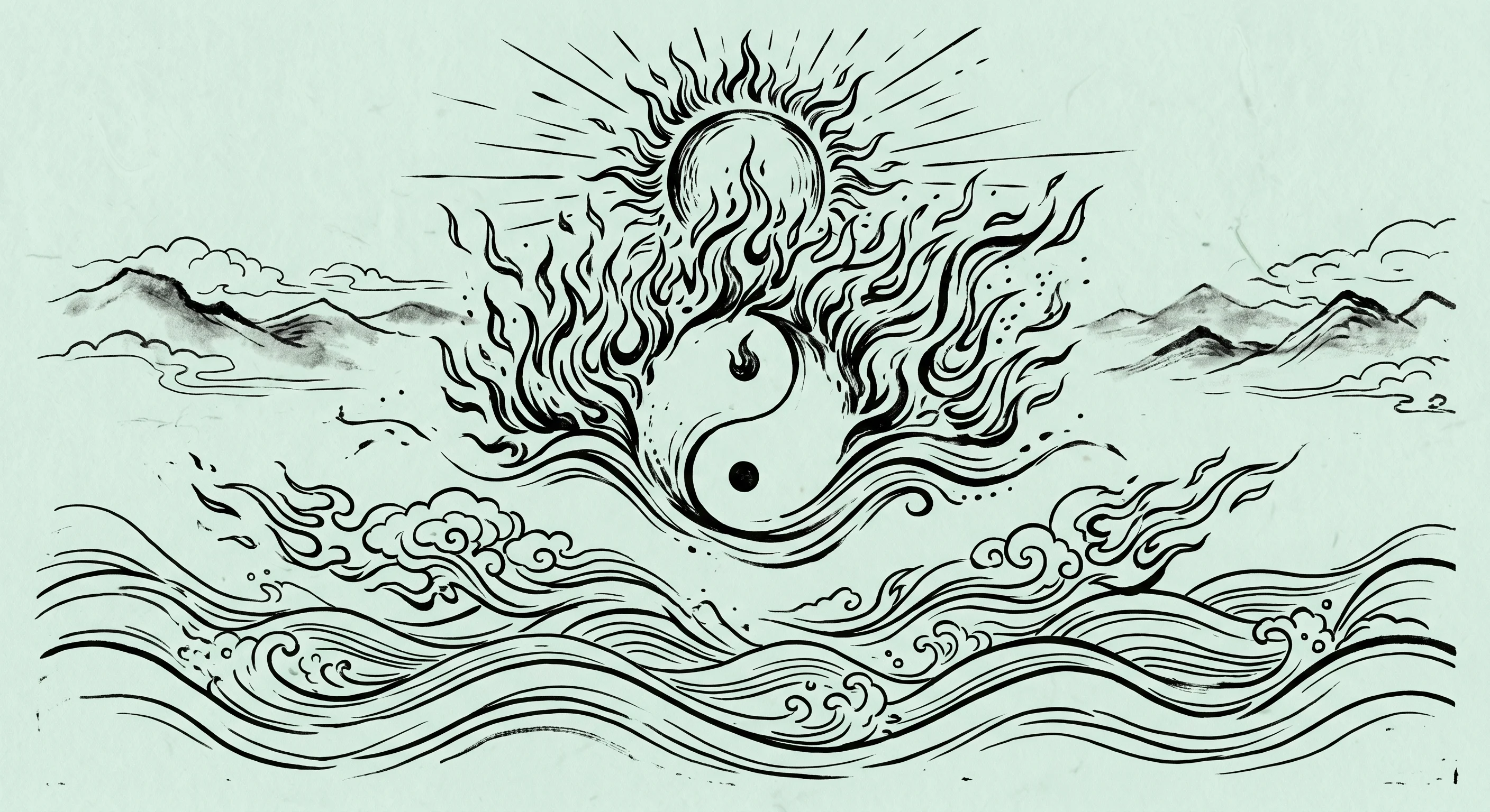 Feuer und Wasser im Gleichgewicht – Holzschnitt-Illustration mit Sonne, Flammen und Wellen