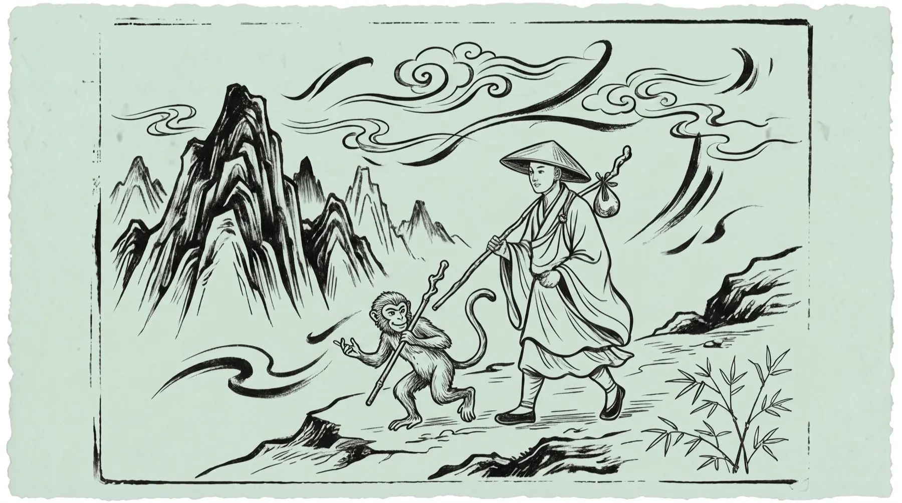 Wandernder Mönch mit Stab und Reisehut, begleitet von einem Affen, vor Bergen und Wolken — Holzschnitt-Illustration zur Reise nach Westen